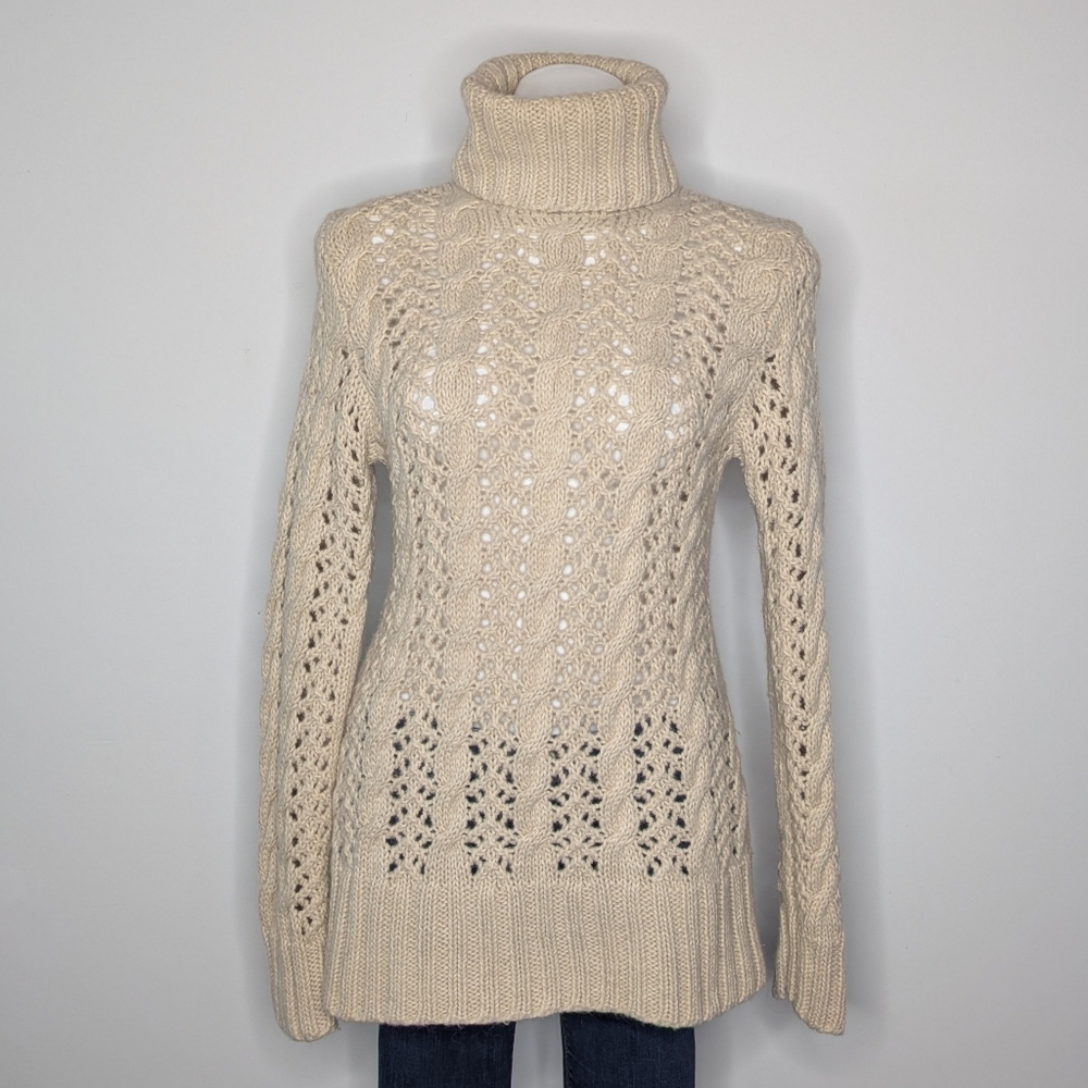 Aeve Light Tan Open Knit Alpaca & Wool Long Sleeve Turtleneck Sweater M
